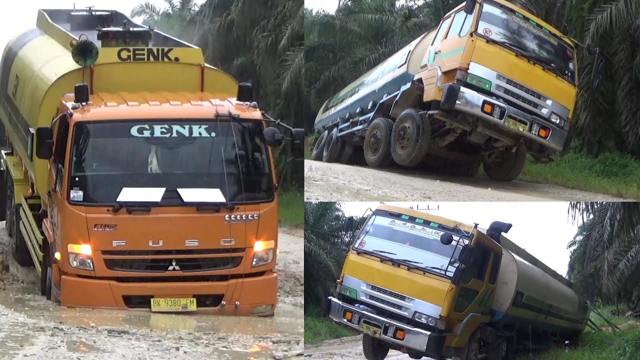 Mobil berat harus melewati lubang berair yang sangat nduglik