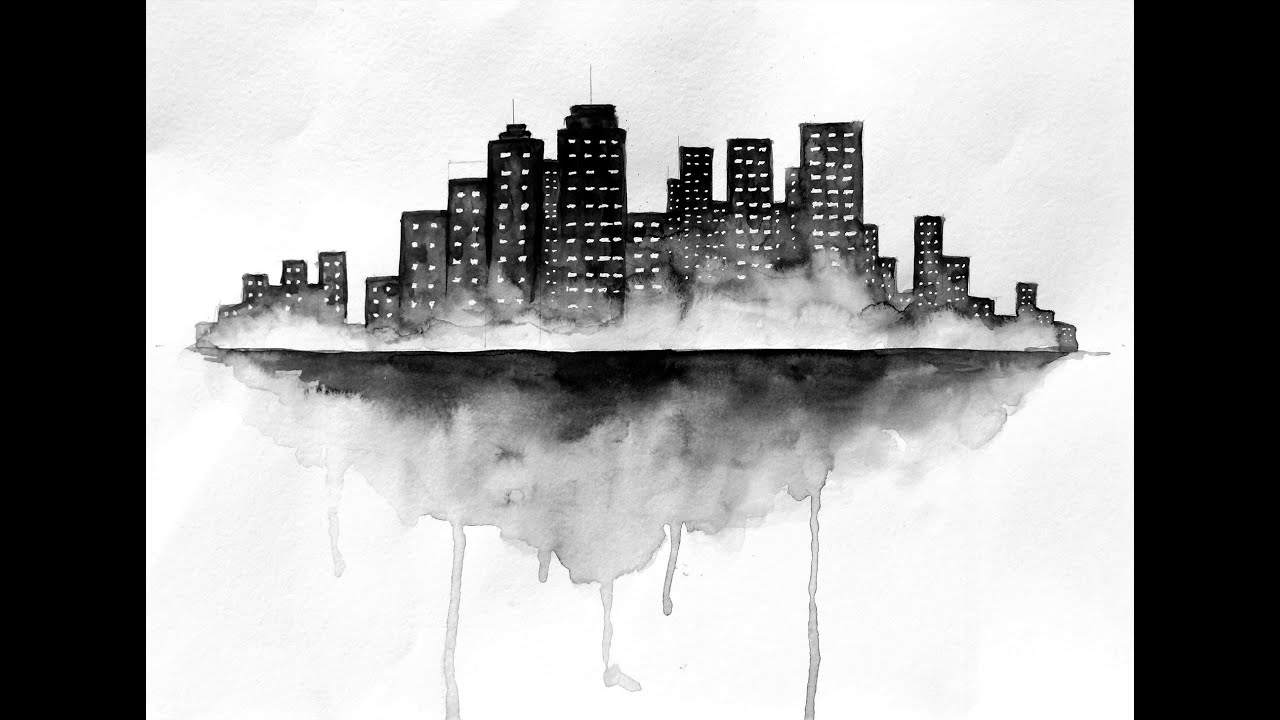 City Skyline Watercolor Painting - Buildings At Night Time | Simple Watercolor Techniques & Trick