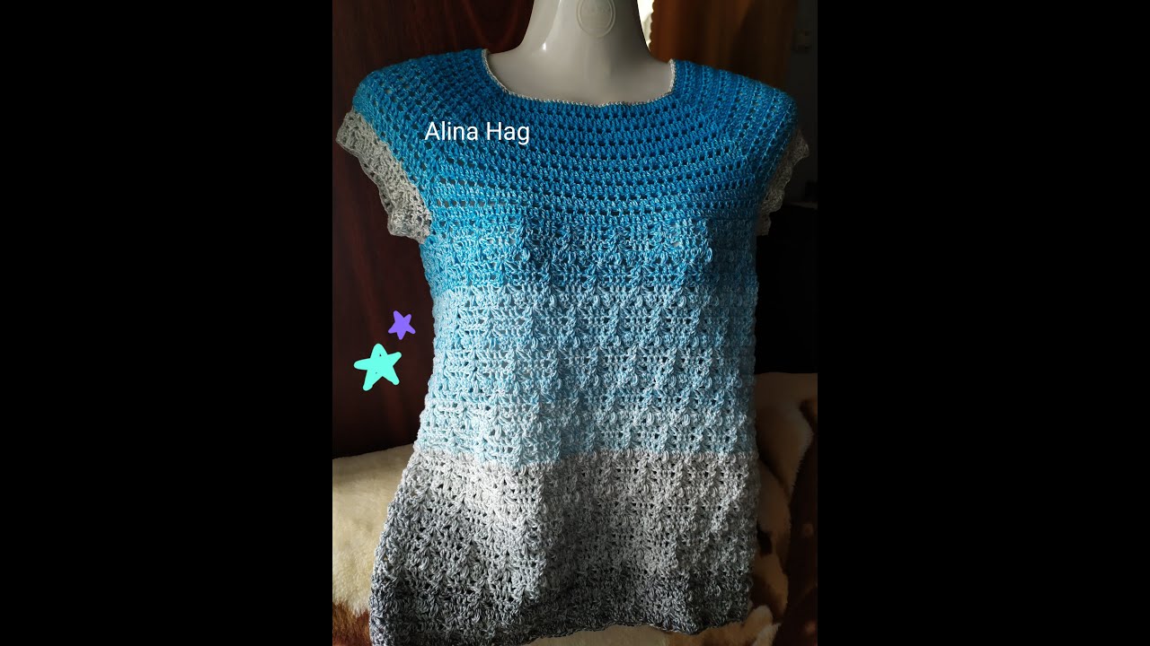 bluza crosetata Orizont/ easy blouse with raglan/ crochet blouse en, fr expl.
