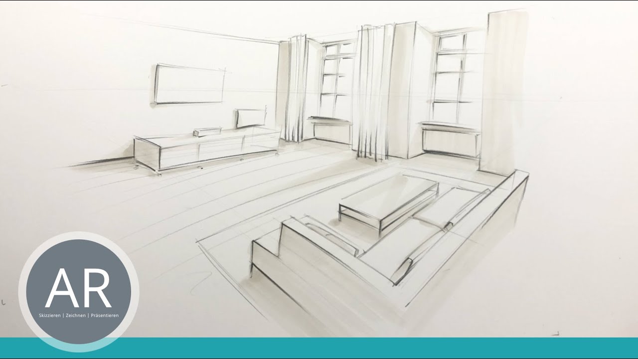 Räume in Zwei-Punkt-Perspektive zeichnen. Innenarchitektur-Zeichnungen. Interior Design Zeichenkurse