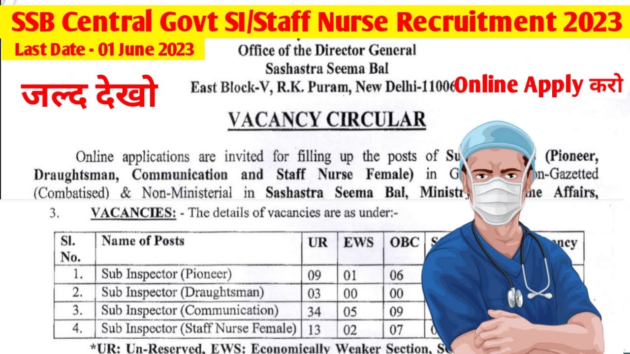 SSB Permanent Central Government SI/Staff Nurse Recruitment || SSB Staff Nurse Vacancy 2023 ||