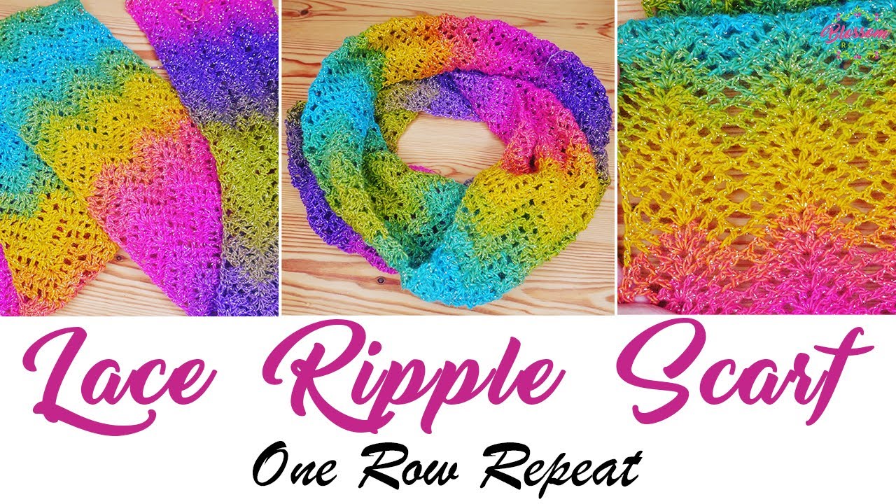 Crochet - Lace Ripple Scarf - ONE ROW REPEAT! One ball/skein project!