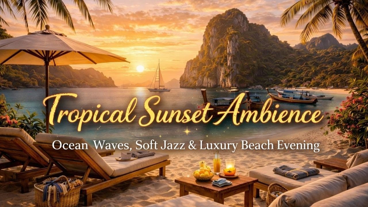 Tropical Sunset Ambience 🌴✨ | Ocean Waves, Soft Jazz & Luxury Beach Evening