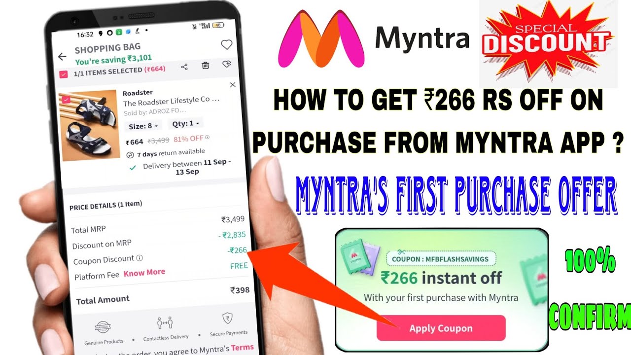 Myntra's first time order offer | How to get 266 rs instant discount using MFBFLASHSAVINGS coupon
