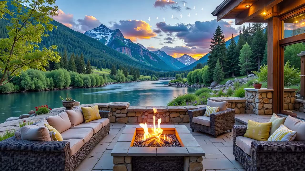 Cozy Peaceful Morning at a Lakeside Retreat 🌿 Cozy Fire & Smooth Piano Music for Relaxation