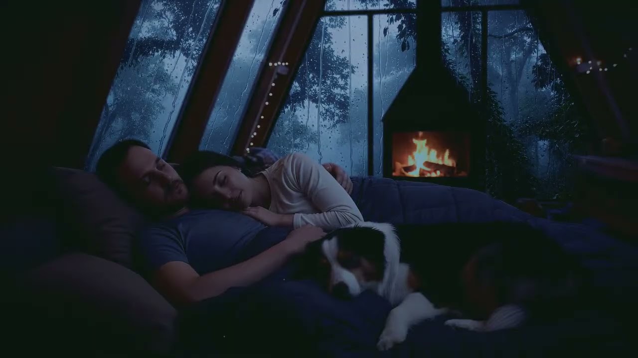 Forest Rain in Wooden Cabin with Fireplace | Deep Sleep Background Sounds with Rain on the window