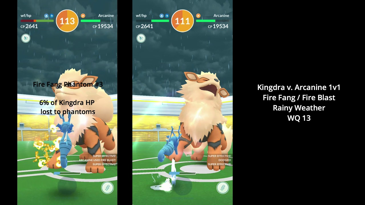 Kingdra v. Arcanine 1v1 (Fire Fang/Fire Blast, Rain) | WQ 13