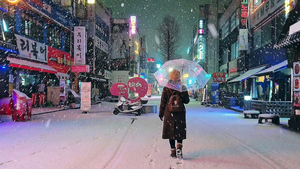 도심의 거리에 내리는 눈. 폭설. 힐링. 산책. ASMR. heavy snow in korea.