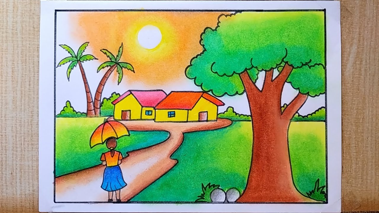 Village scenery drawing easy | How to draw Summer season Village drawing| Easy scenery drawing