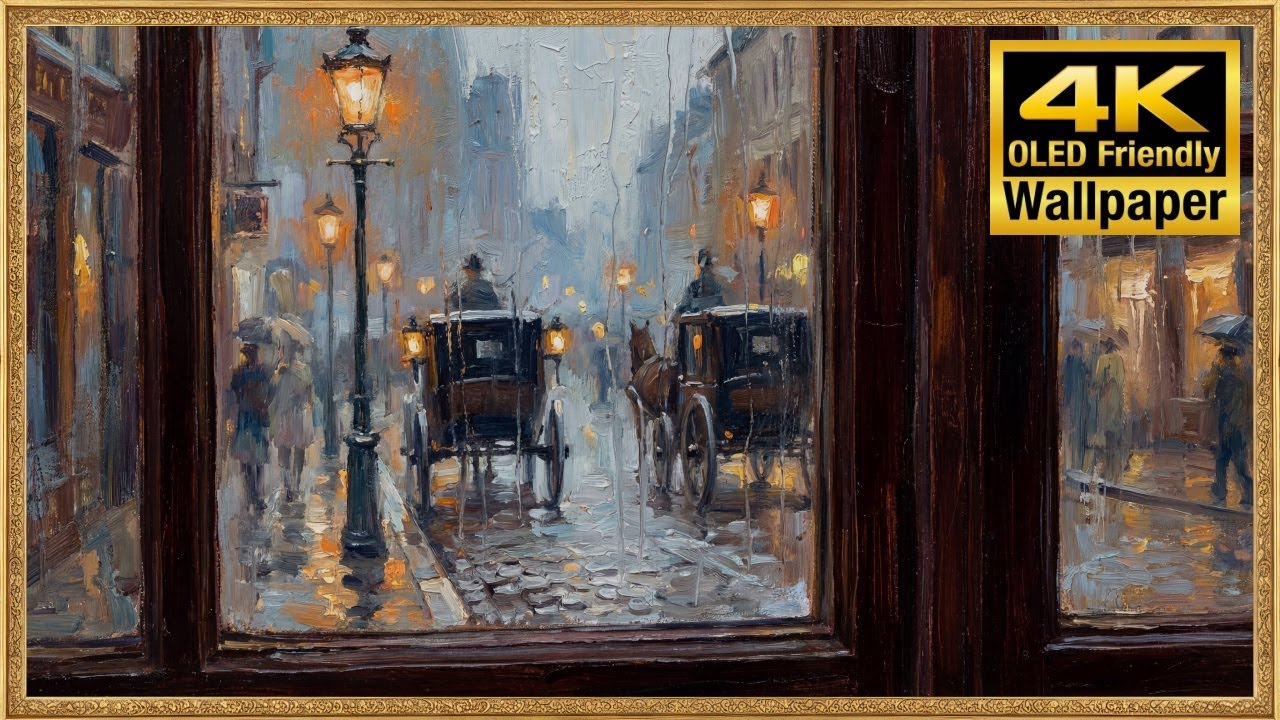 Art Screensaver - Rainy Victorian Street - Window View