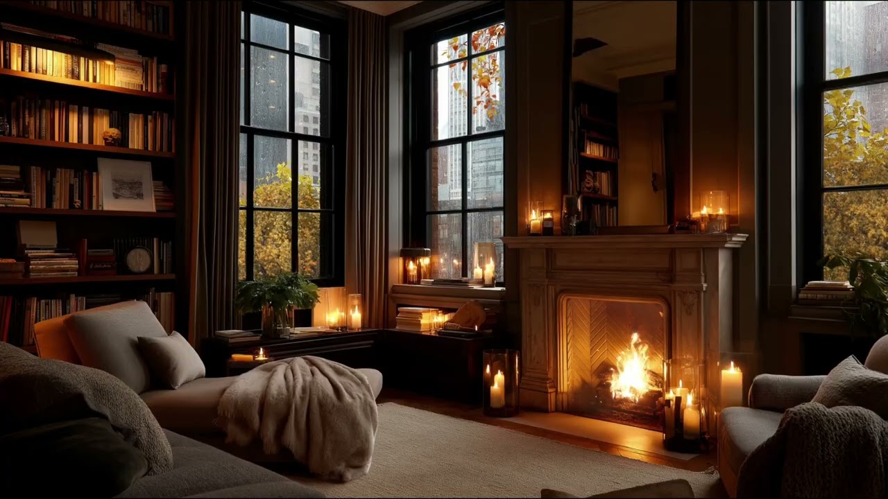 Rainy City Loft Ambience | Thunderstorm, Fireplace & Smooth Jazz ASMR for Relaxation & Focus