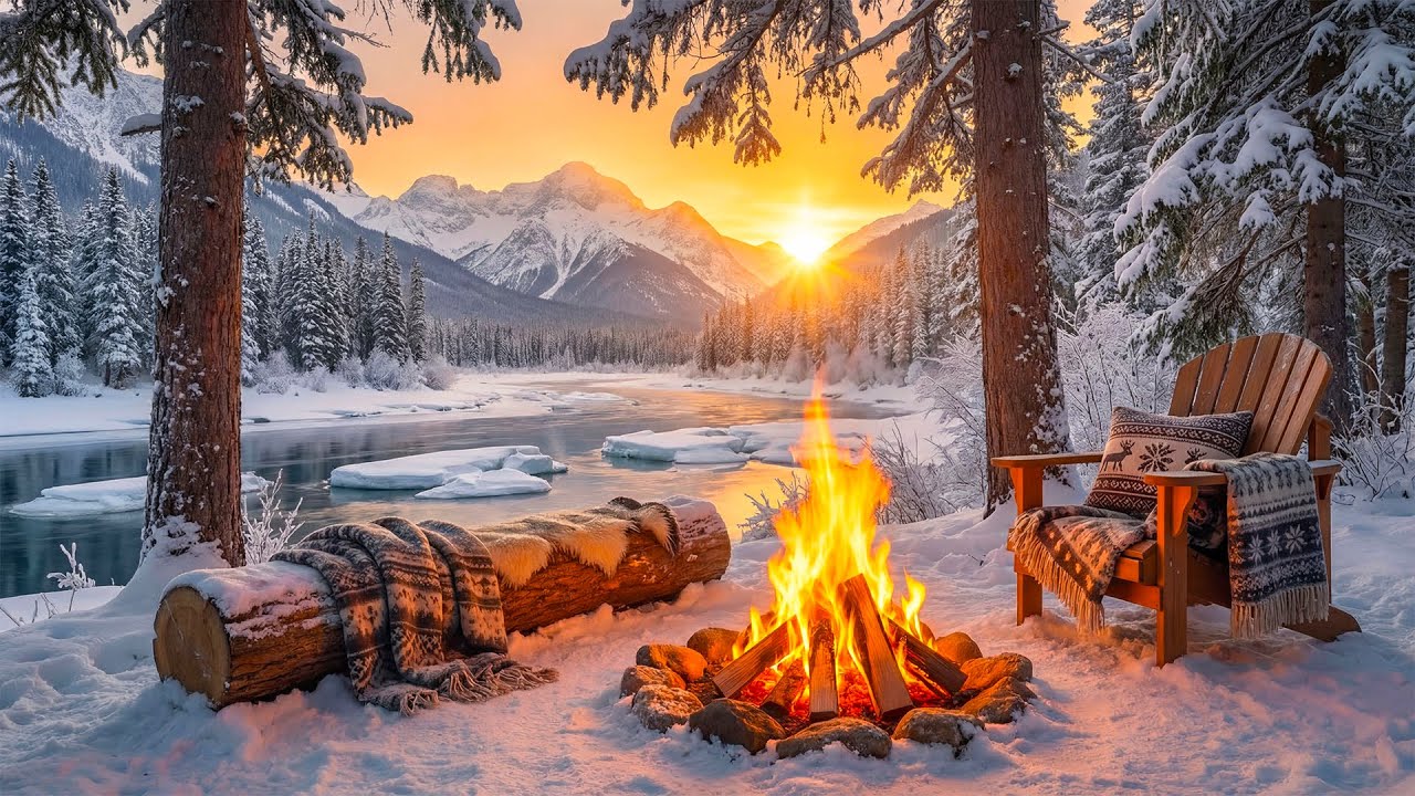 Escape Into Winter Silence in a Snowy Forest ❄️🔥 Crackling Campfire & Frozen River Ambience