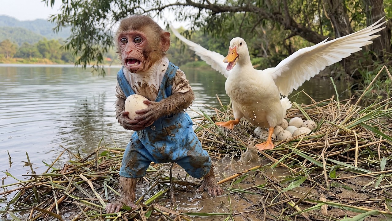 Monkey Bon Tried to Take Eggs from Mama Duck&hellip; But Failed!