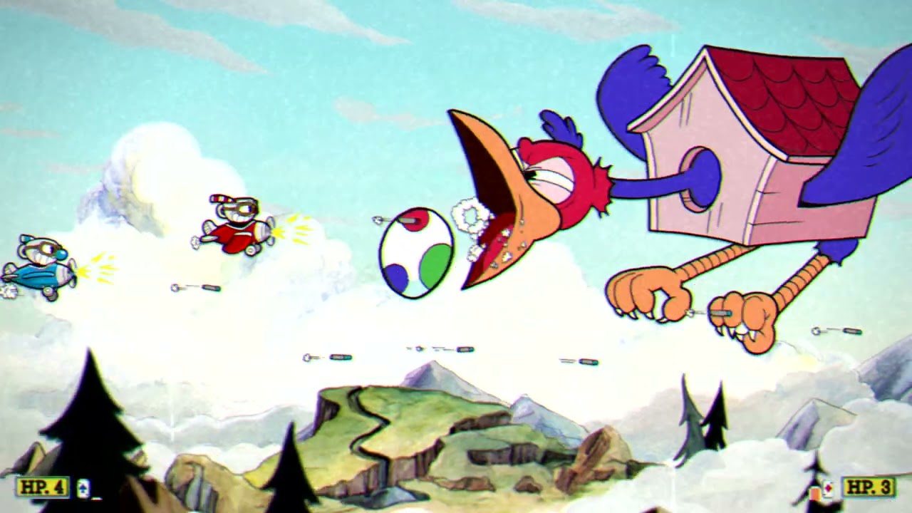 Fighting a weird cuckoo clock and balloon dogs in Cuphead