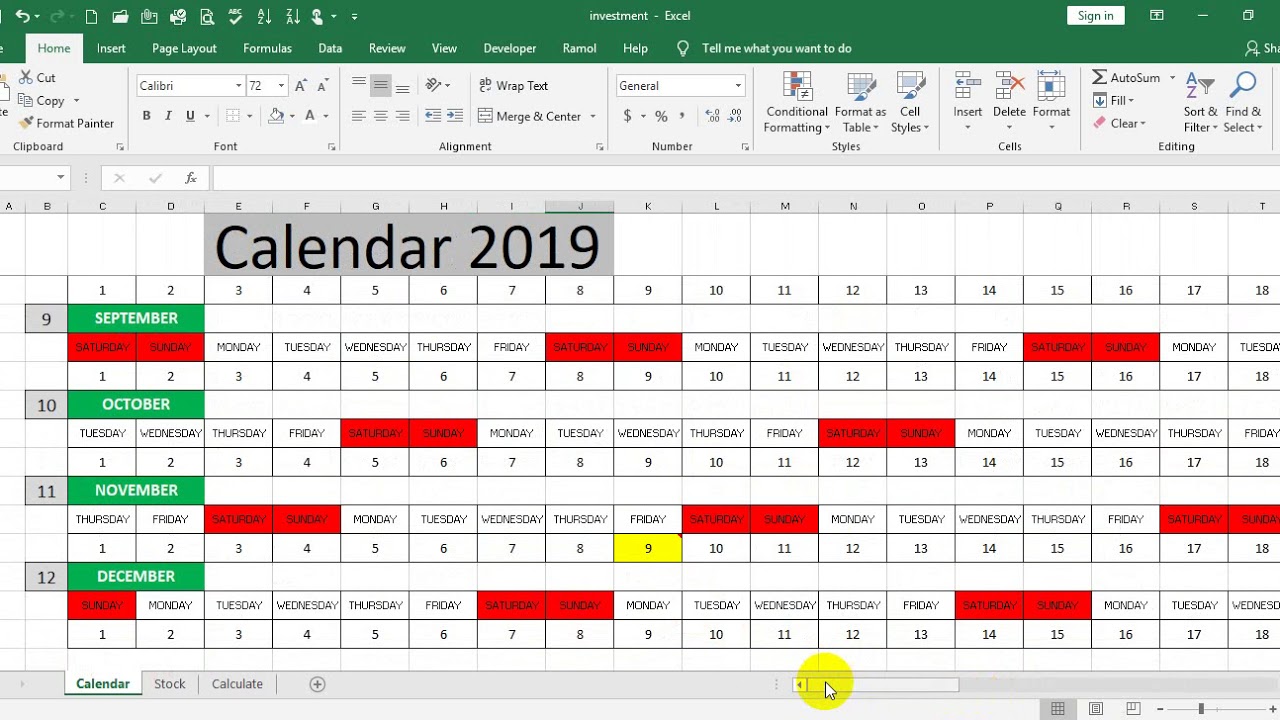 excel calendar year 2019