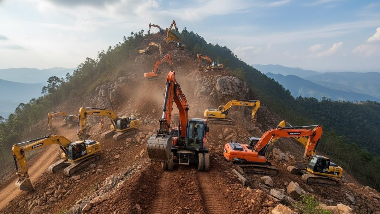 Excavator opening road and leveling ground on steep mountains