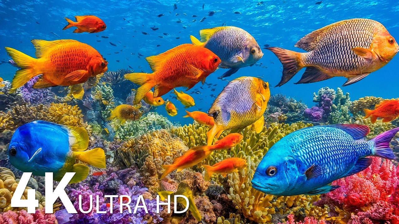Прекрасный подводный аквариум в формате 4K Ultra HD с красочными коралловыми рифами и мирной морской