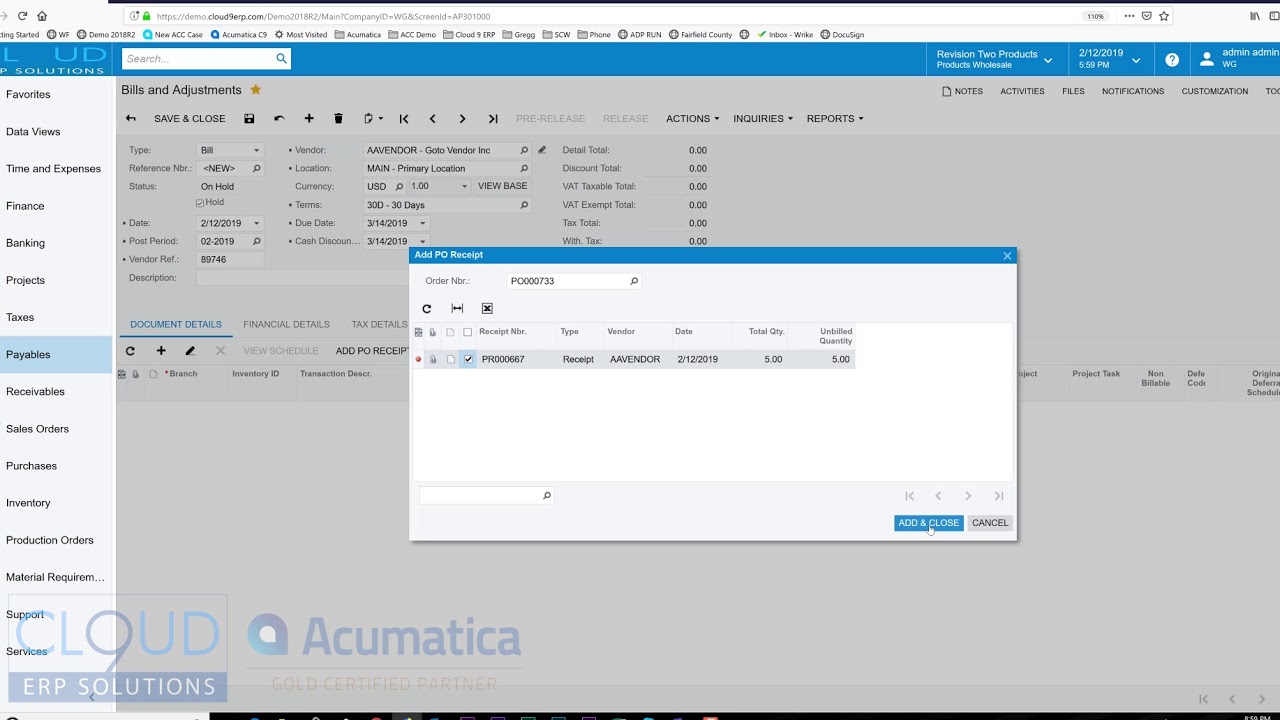Acumatica - Сопоставление заказа на покупку со счетом поставщика.