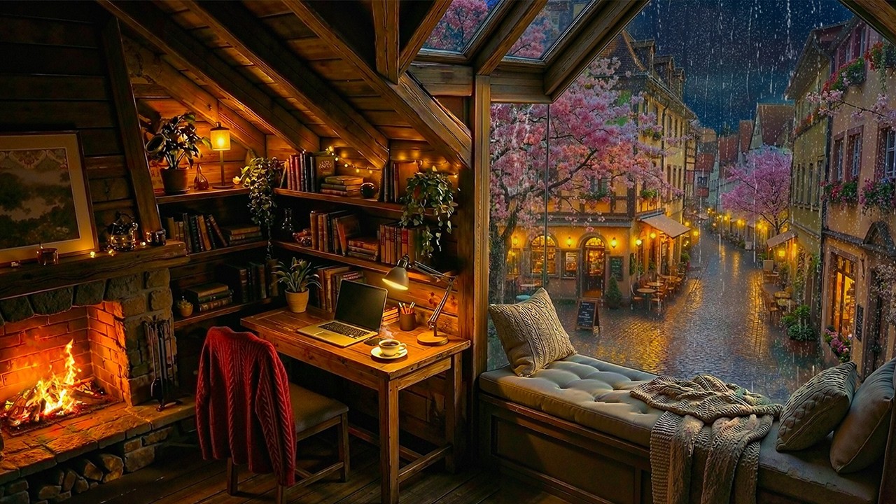 Spring Rain Evening Cafe 🌧️ Cozy Fireplace Ambience & Smooth Jazz Piano for Study