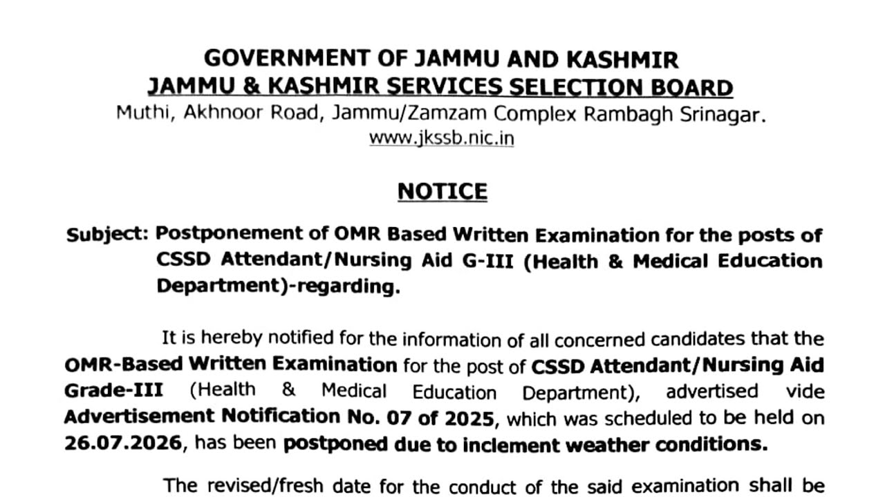 JKSSB UPDATE 2026 EXAMS POSTPONED - NURSING AID 2026 