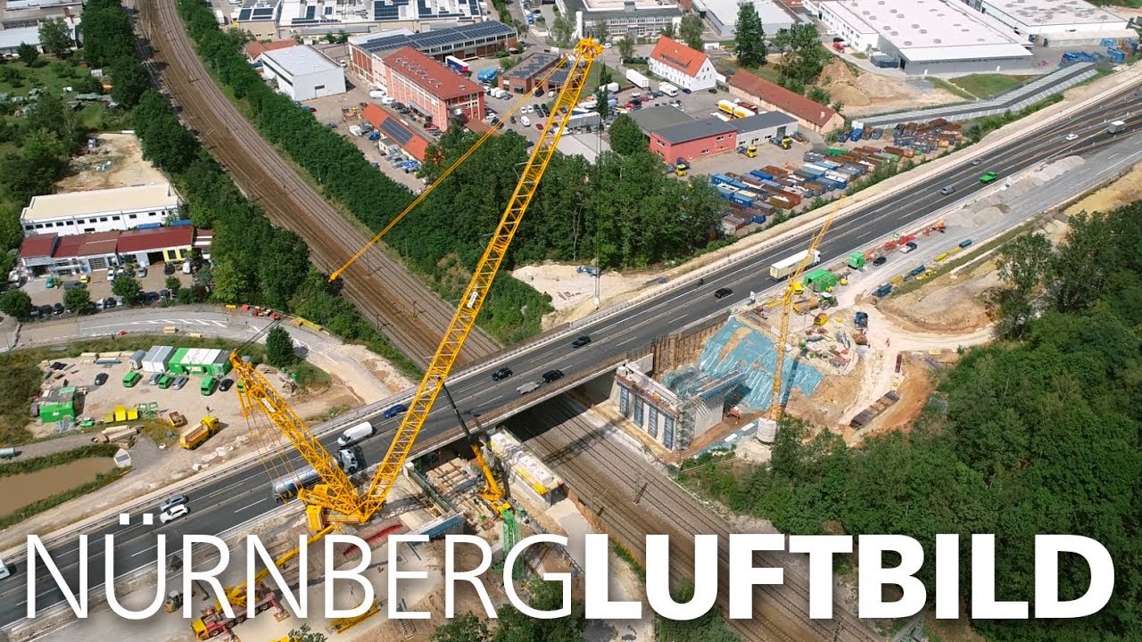 Nächtliche Autobahnbrückeneinsetzung an der A6 bei Schwabach über eine Eisenbahnstrecke, August 2019