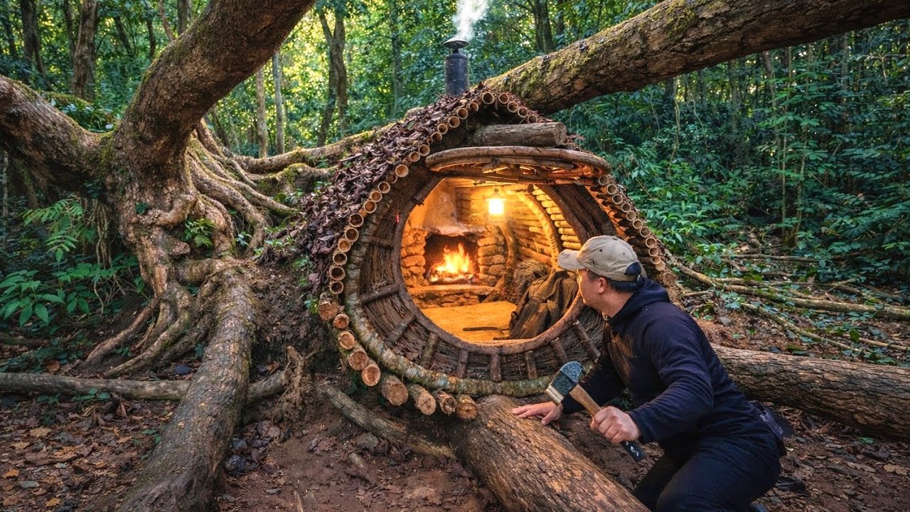 Building a Shelter Under a Fallen Ancient Tree and Surviving by a Warm Fireplace