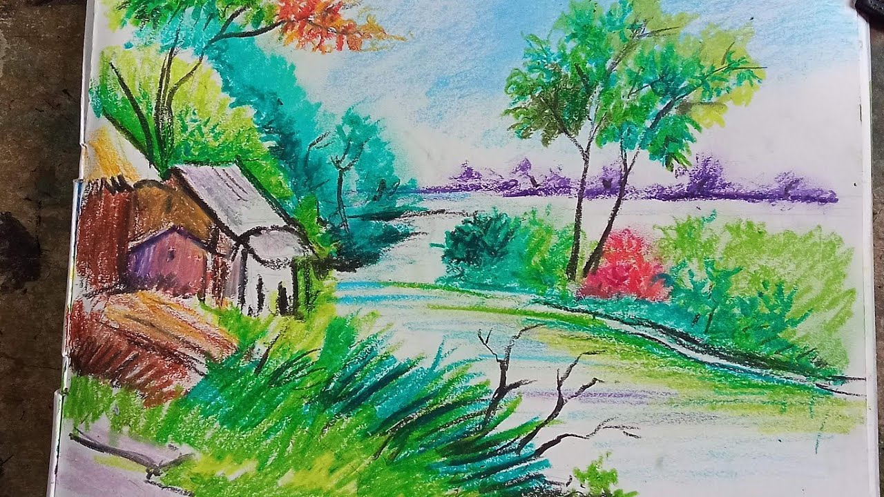 beautiful village landscape scenery oil pastel drawing || Easy Village scenery drawing ||