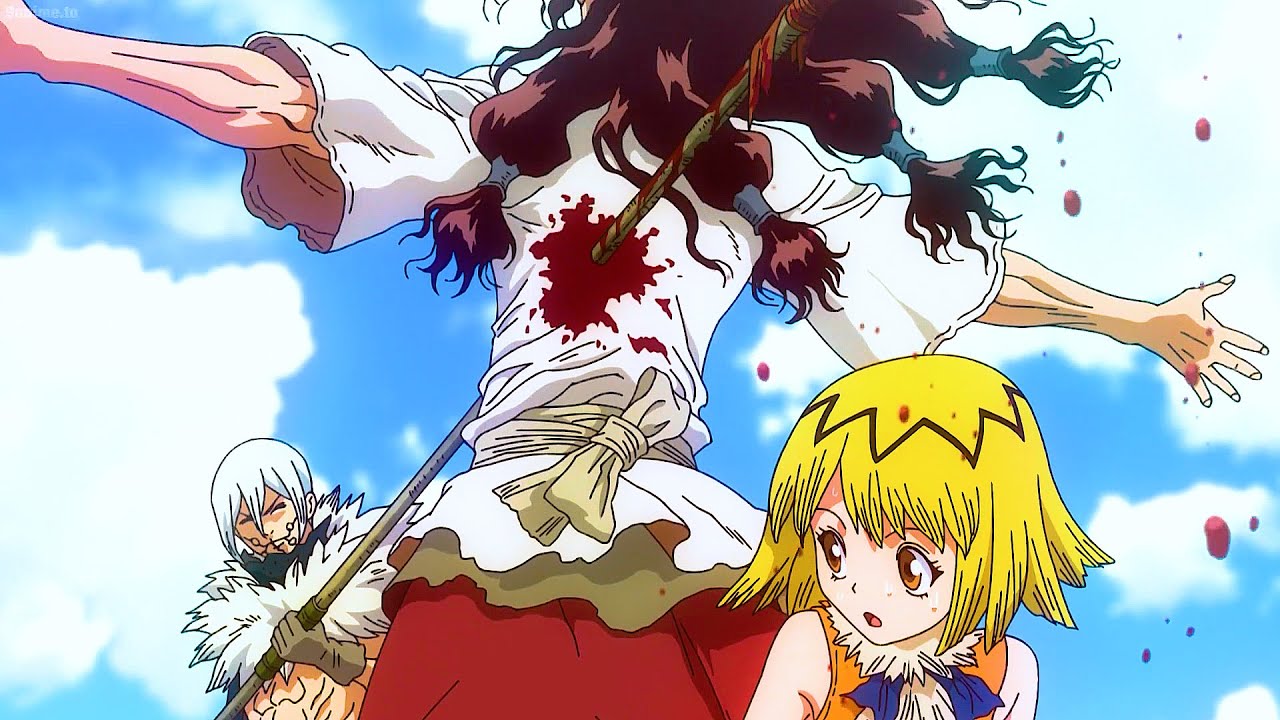 [ドクターストーン]千空が未来を復活させた後、司は体を使ってひょうがからの致命的な槍をブロックします|Tsukasa block deadly spear from Hyoga for Mirai