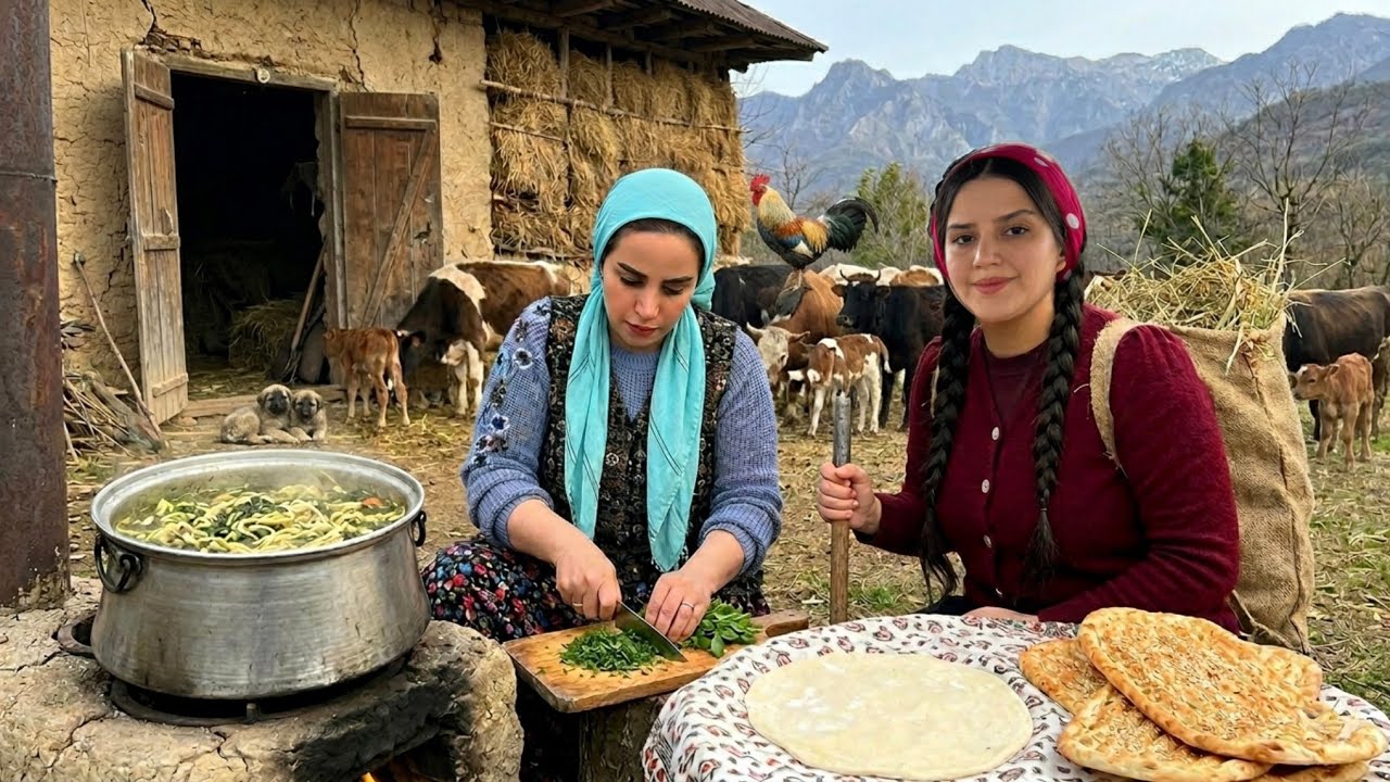 Rural life in the mountains of IRAN; baking bread and dinner