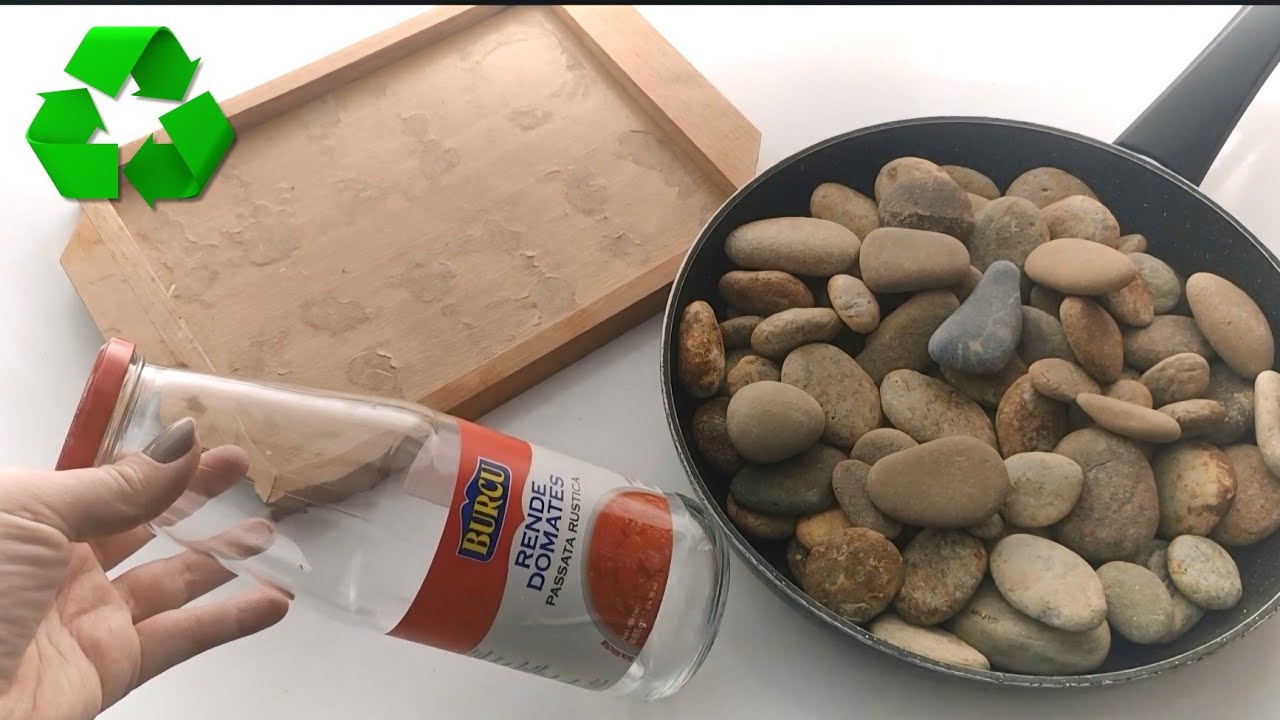 LOOK WHAT I DID WITH GLASS BOTTLE, OLD WOODEN TRAY AND PEBBLES 2 GREAT RECYCLING DIY IDEAS