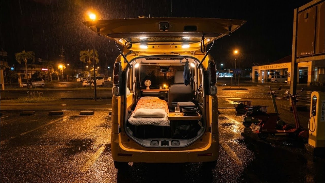 After Work Escape: Midnight Rain in a Cozy Micro Camper ☔ Solo Female ASMR