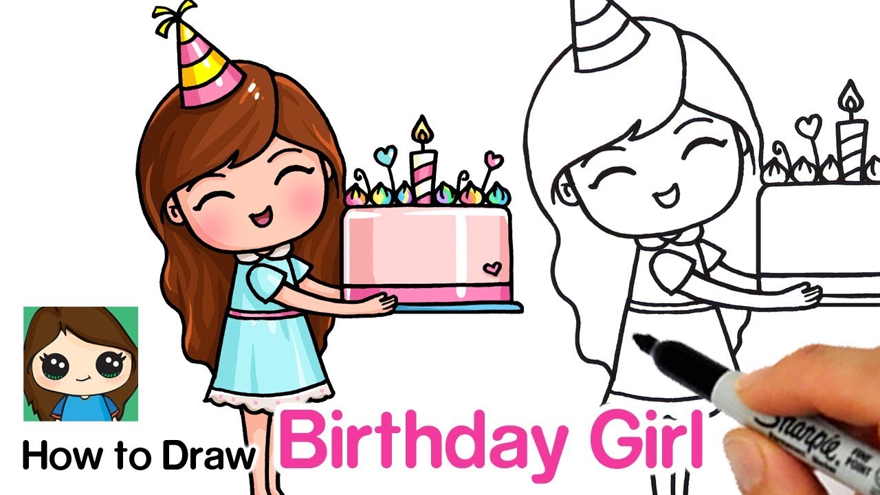 How to Draw a Birthday Cute Girl Holding a Cake