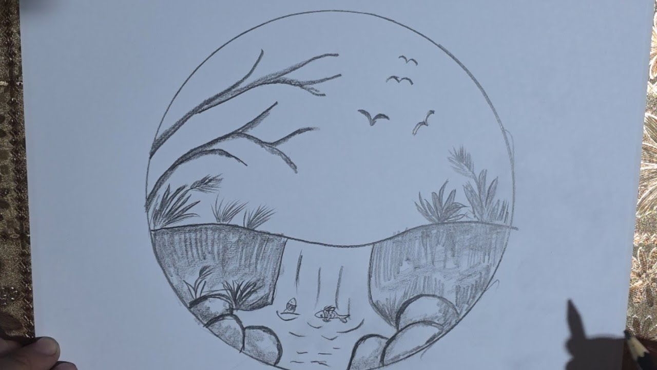Simple Pencil Sketch Waterfall and tree/Easy Nature Drawing for Beginners