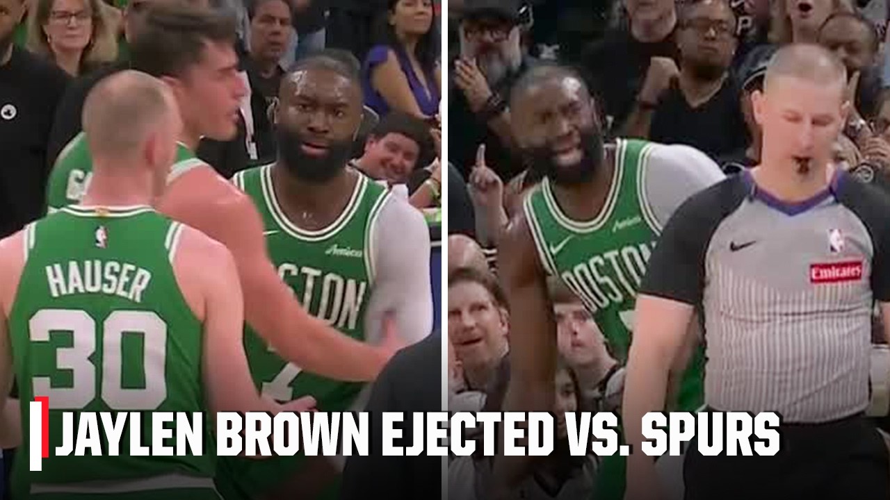 Jaylen Brown EJECTED after receiving two technical fouls for arguing no-call | NBA on ESPN