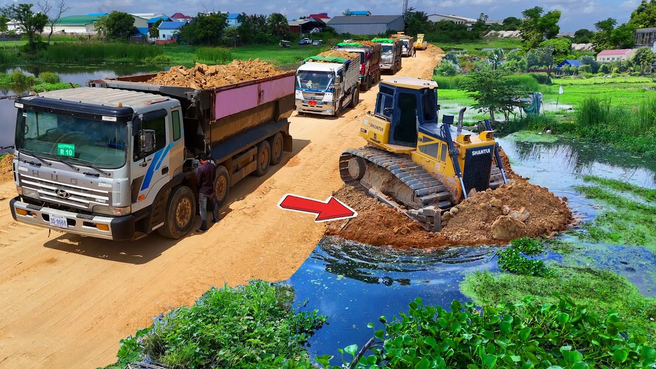 Perfectly Nearly Complete Landfill.! Expert Truck Dumping Soil Stone with Dozer SHANTUI Unbelievable