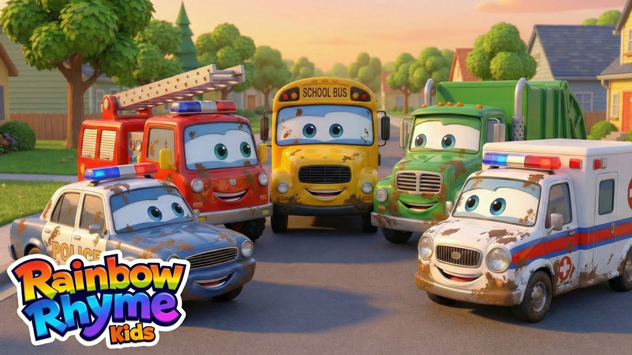 Five Colorful Vehicles Stuck in Mud! 🚜🚑🚓 Car Rescue Team Song for Kids