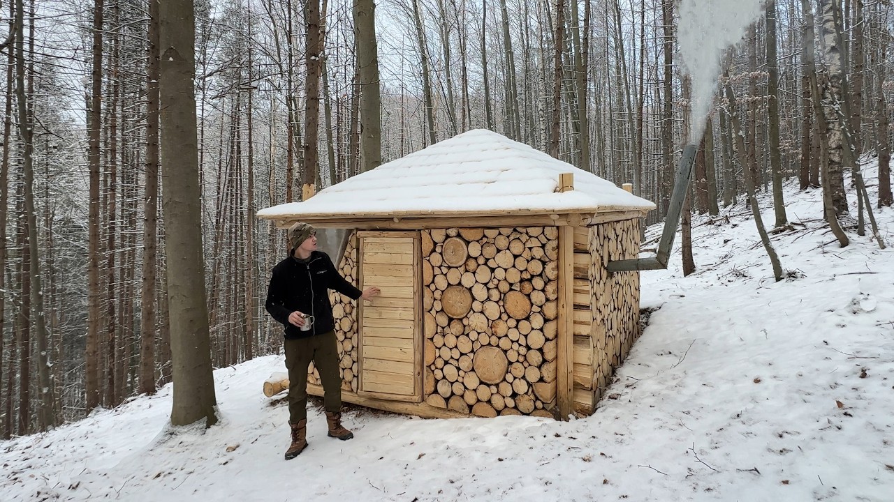 Building a Warm and Cozy Wooden House from Fallen Trees in the Forest, Bushcraft Shelter