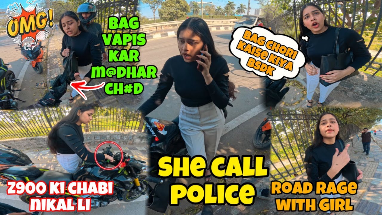 ROAD-RAGE🤬 WITH CUTE GIRL😍 || बैग चुरा कर भागा😭|| 👮‍♀️POLICE भी आ गयी 😭#roadrage #bikestunt