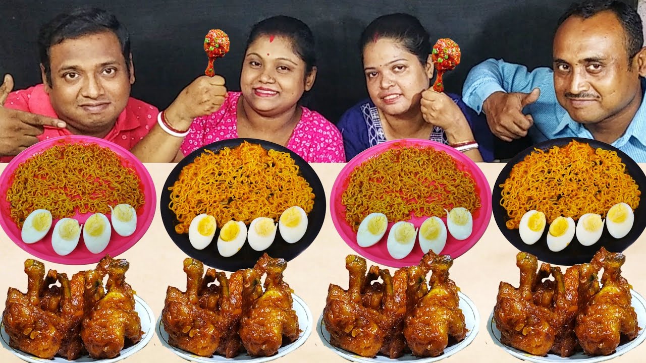 INDIAN STREET FOOD CHICKEN LOLIPOP BOIL EGG SPICY MAGGI NOODLES EATING CHALLENGE /food family & more