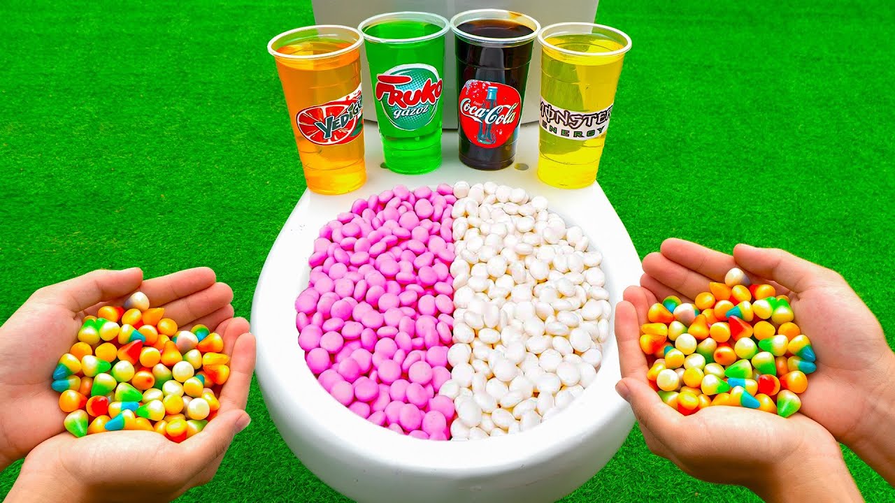 Colored Candies and Coca Cola, Monster, Fruko, Fanta vs Different mentos in the toilet underground