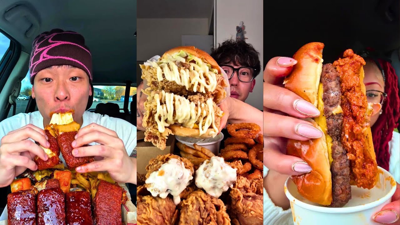 Подборка мукбангов из TikTok | Жареная курица, гамбургер, острая моцарелла, Jollibee, Chili’s, Bu...