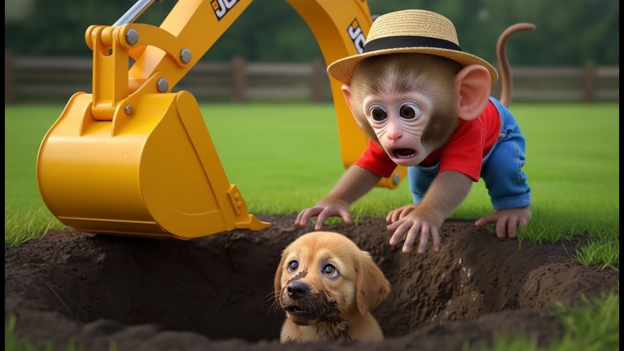 Baby Monkey Saves Trapped Puppy with JCB 🚜🐶 | Emotional Rescue Story