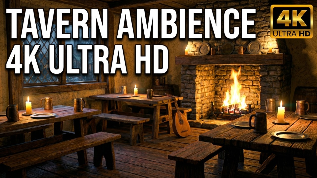 Empty Medieval Tavern at Night - Cozy Fireplace Sound & Fantasy Music [Study/Sleep]