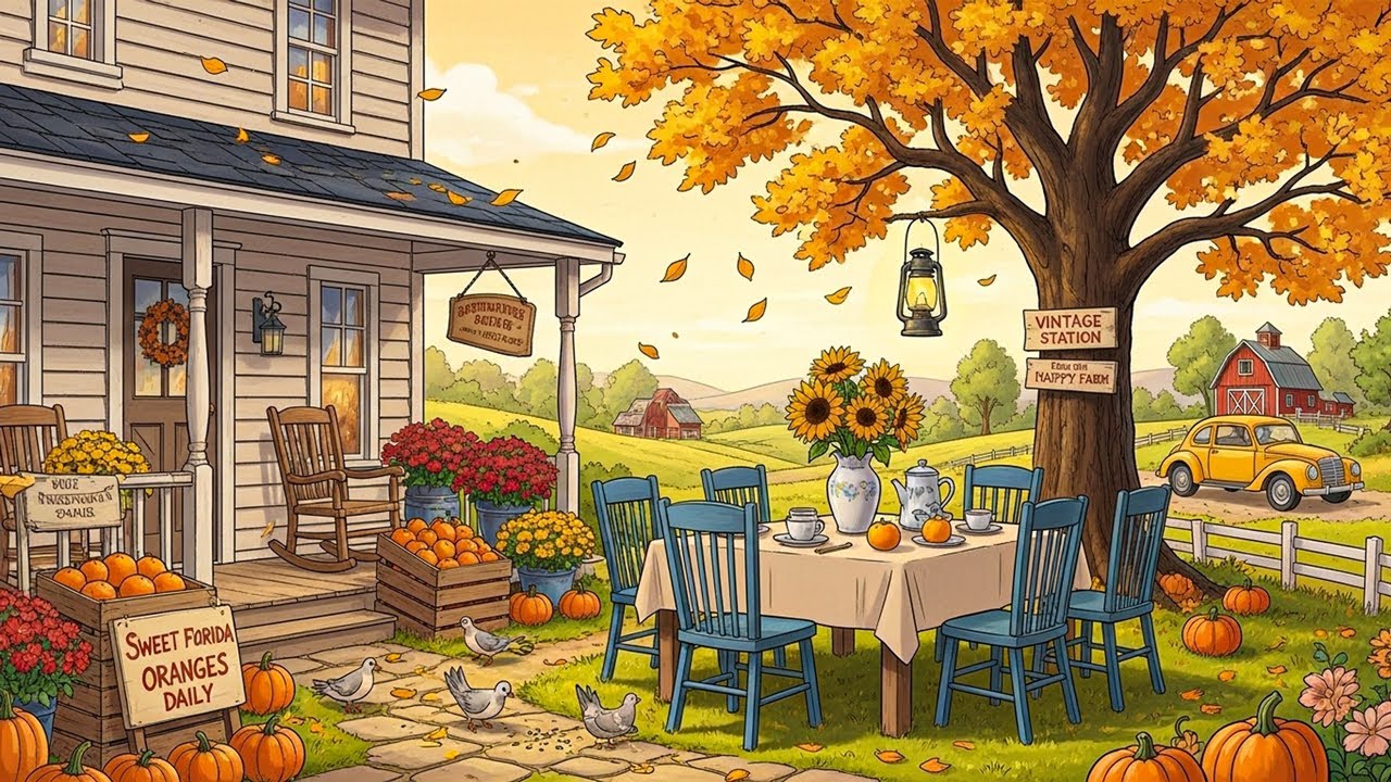It&rsquo;s autumn 1950s at a cozy farmhouse porch with oldies music playing in another room for unwind