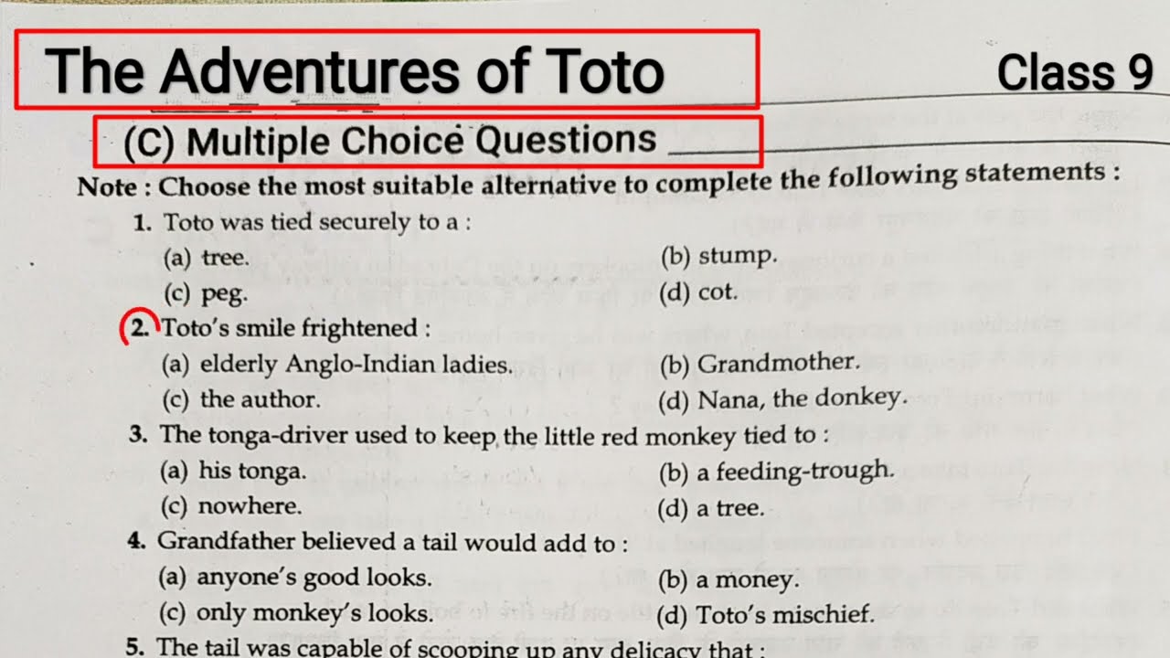 The Adventures of Toto Mcq | The Adventures of Toto Mcq Class 9 | in hindi | English Chapter |