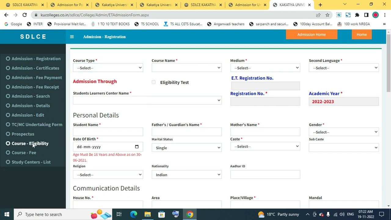 UG Admission Distance Education SDLCE KU Online Registration