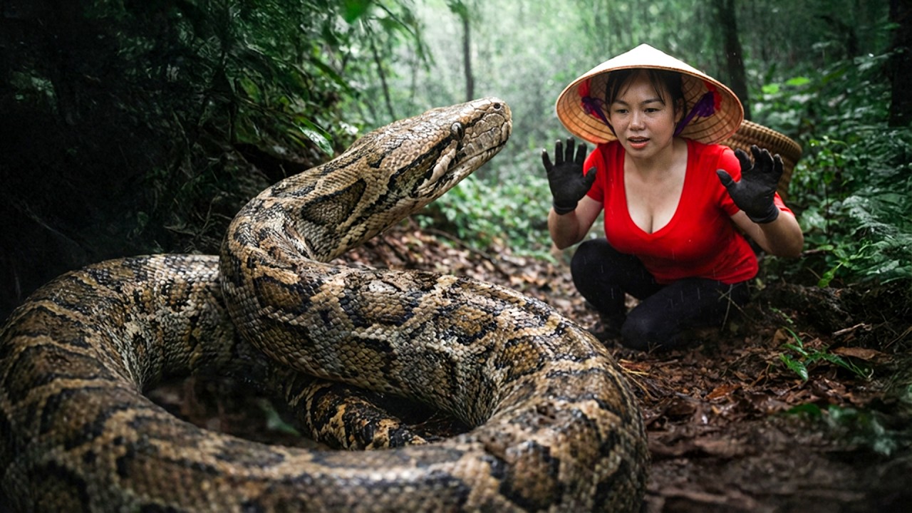 Giant Python Encounter in the Forest &ndash; Brave Rural Girl Stands Her Ground