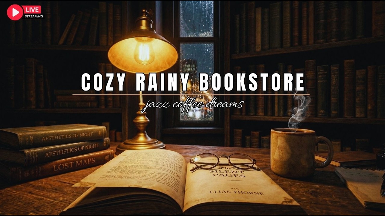 🔴 Study Music for Concentration 📚 Cozy Rainy Bookstore & Ambient Jazz