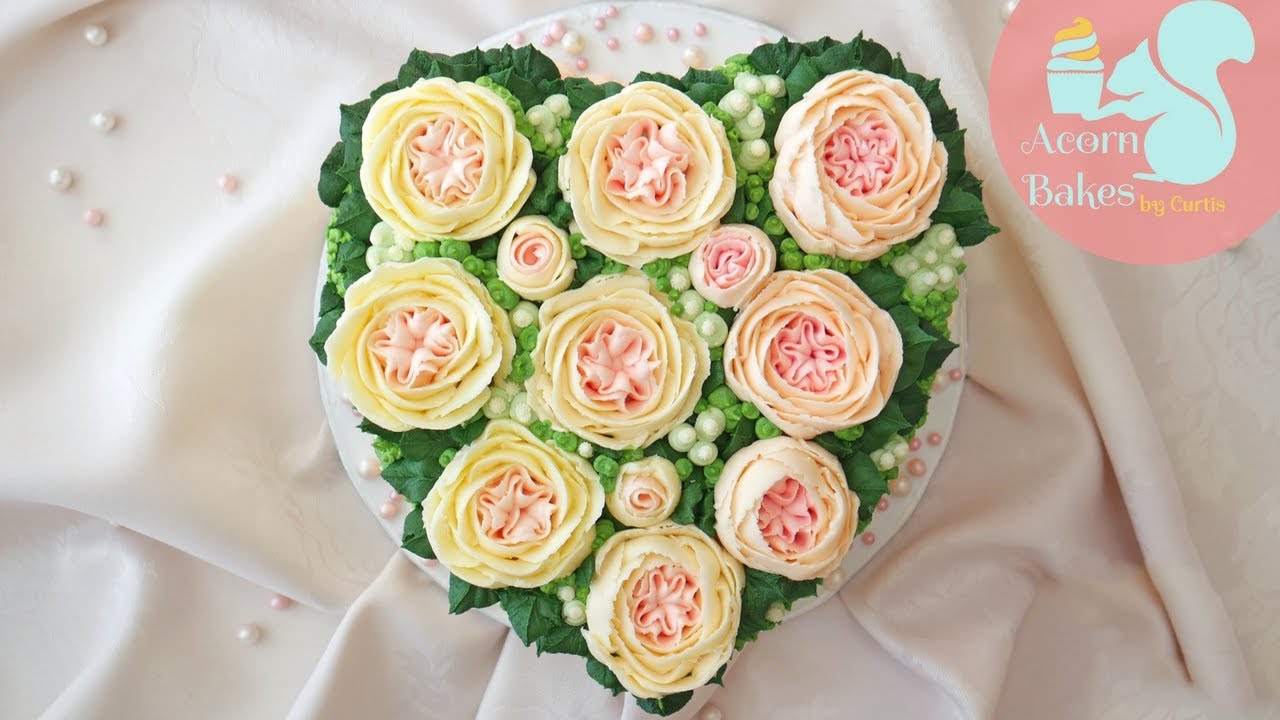BUTTERCREAM ENGLISH ROSE HEART CAKE | Valentines Cake Tutorial | Acorn Bakes