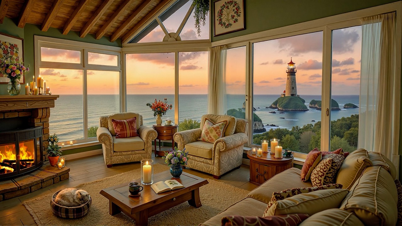 Soft Jazz Background Music & Crackling Fireplace 🔥 Beach Sunset Ambience for Stress Relief